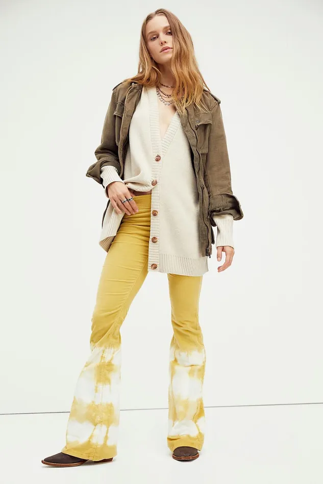 Women HighRise Jeans Free People Tie Dye Pull On Cord Flare Jeans Teen Spirit