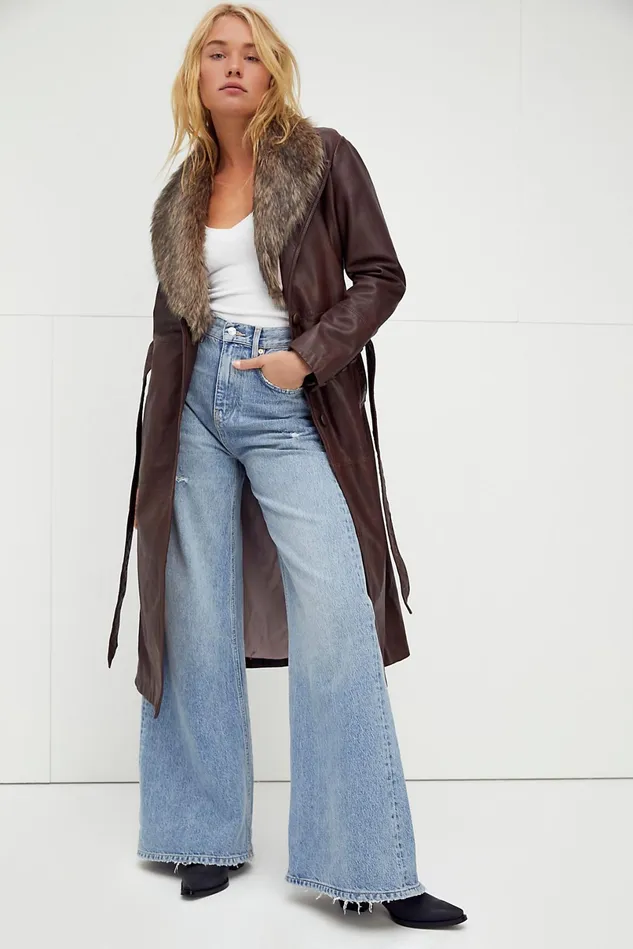 Women Jackets Free People Midnight Train Leather Duster Saddle Brown