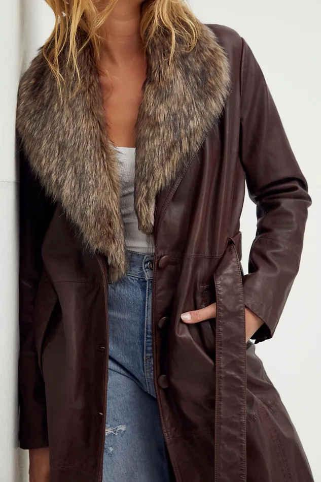 Women Jackets Free People Midnight Train Leather Duster Saddle Brown