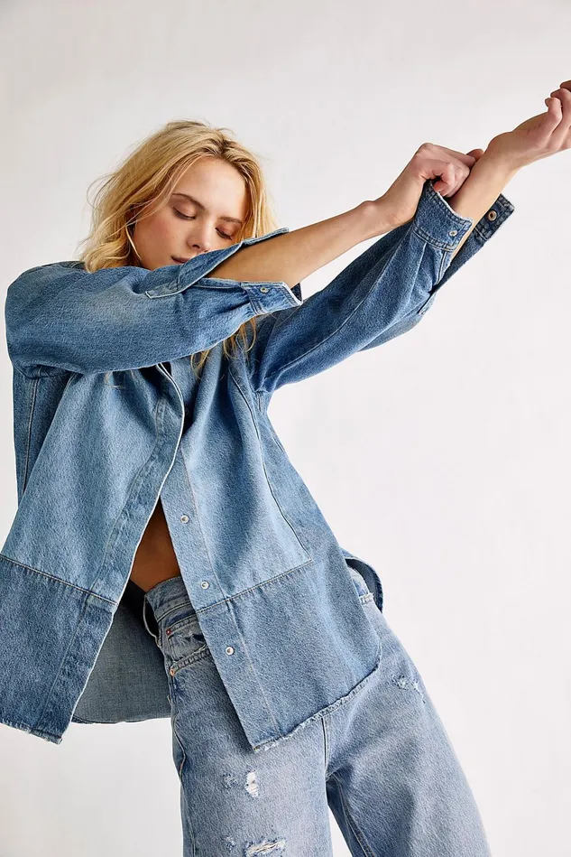Women Jean Jackets Free People Callie Shirt Mid Blue