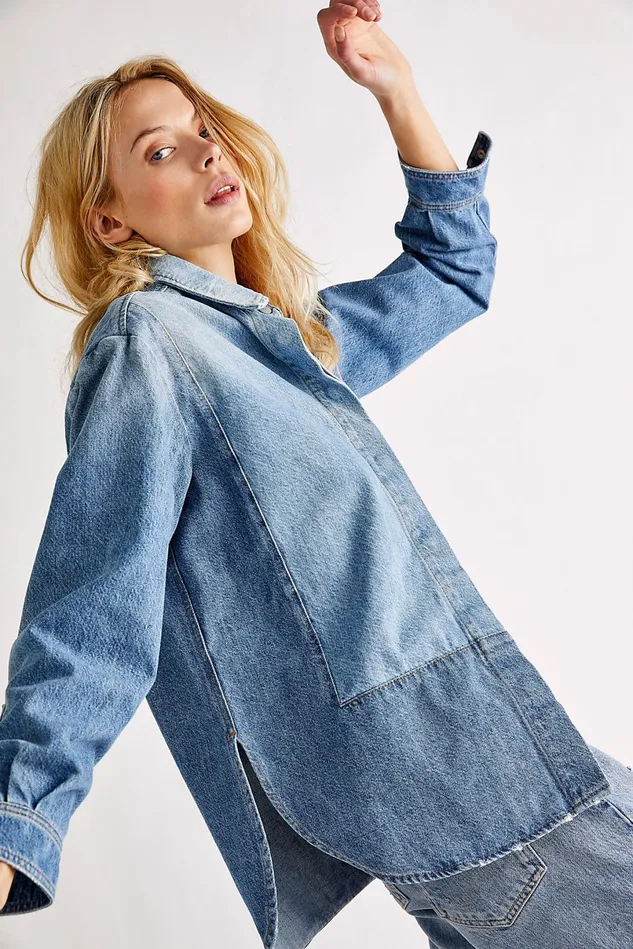 Women Jean Jackets Free People Callie Shirt Mid Blue