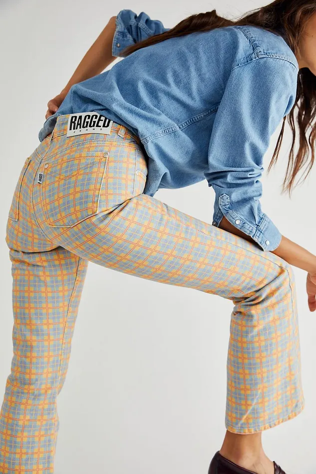 Women Jeans Free People The Ragged Priest Prevail Jeans Blue And Yellow Check