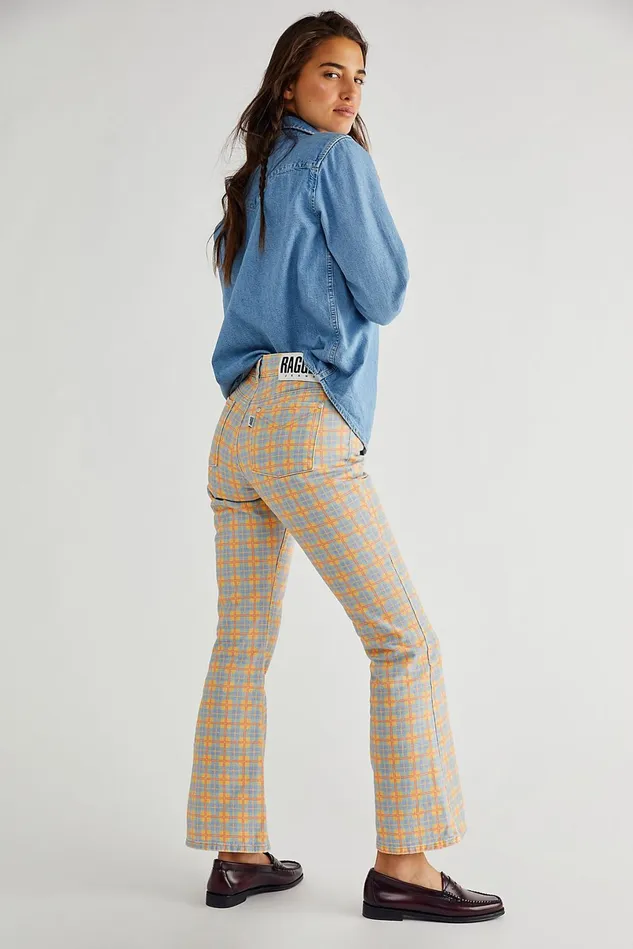 Women Jeans Free People The Ragged Priest Prevail Jeans Blue And Yellow Check