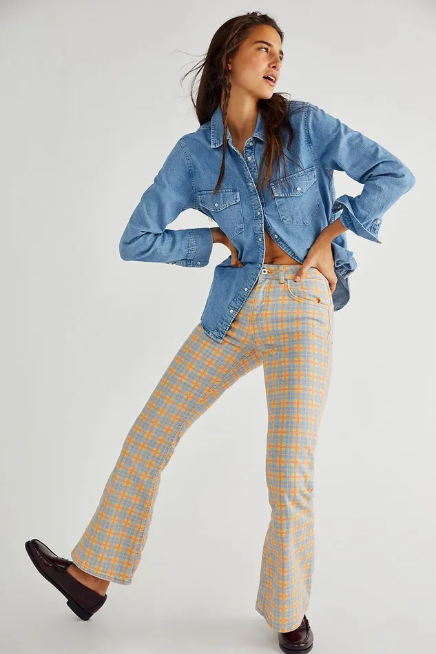 Women Jeans Free People The Ragged Priest Prevail Jeans Blue And Yellow Check