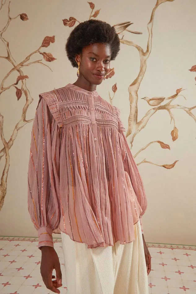 Women Light Pink Pleated Yoke Long Sleeve Blouse Pink FARM Rio Blouses