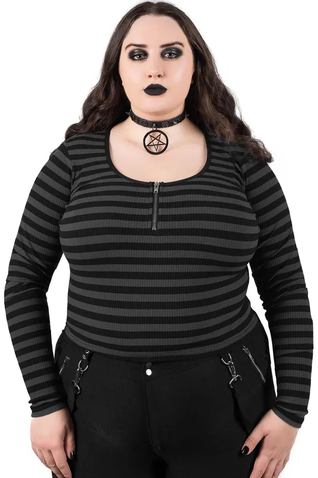 Women Long Sleeves Killstar Izora Ribbed Top GREY