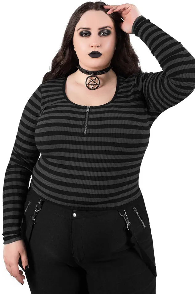 Women Long Sleeves Killstar Izora Ribbed Top GREY