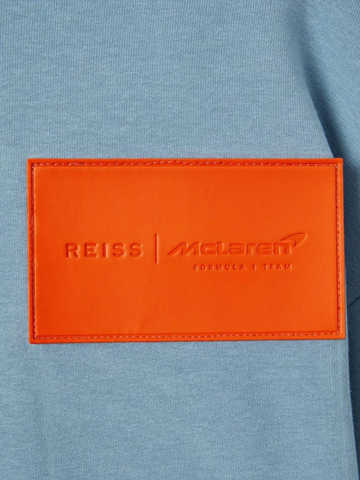 WomenMen Reiss Tops F1 Leather Patch Drawstring Hoodie Soft Blue