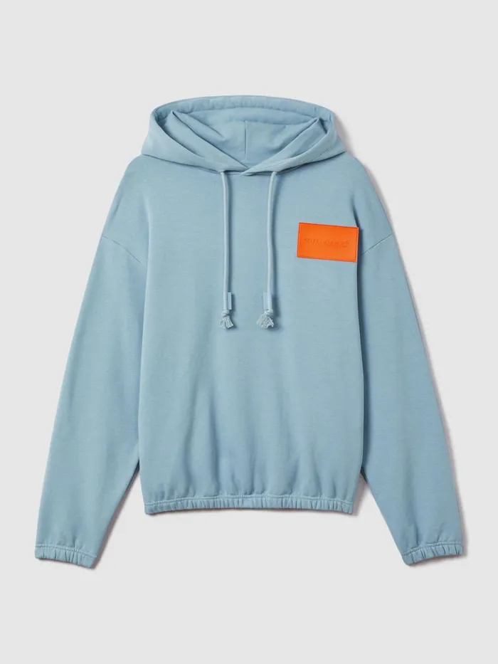 WomenMen Reiss Tops F1 Leather Patch Drawstring Hoodie Soft Blue
