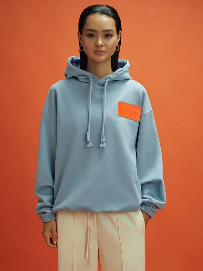 WomenMen Reiss Tops F1 Leather Patch Drawstring Hoodie Soft Blue