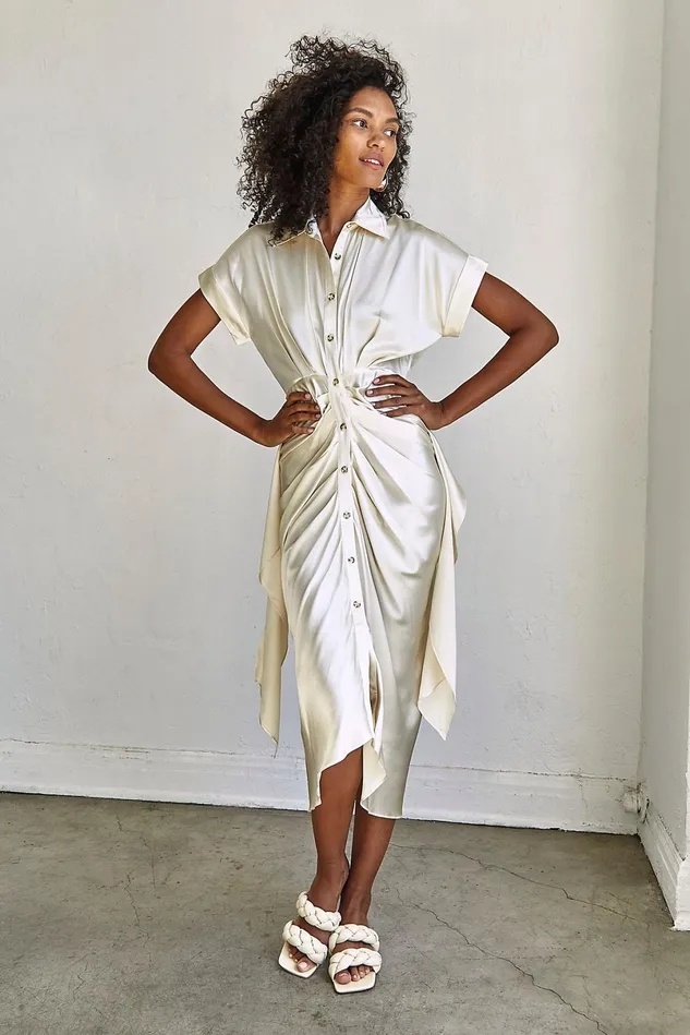 Women Midi Dresses Free People Short Sleeve Shirtdress Champagne