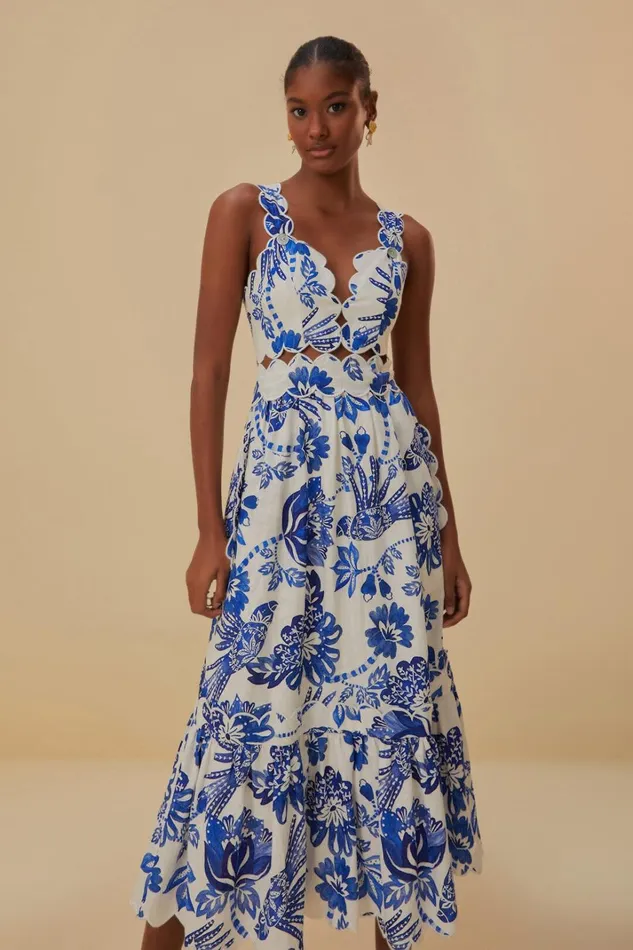 Women OffWhite Flowerful Birds Lenzing Ecovero Euroflax Midi Dress Flowerful Birds Offwhite FARM Rio Midi Dresses