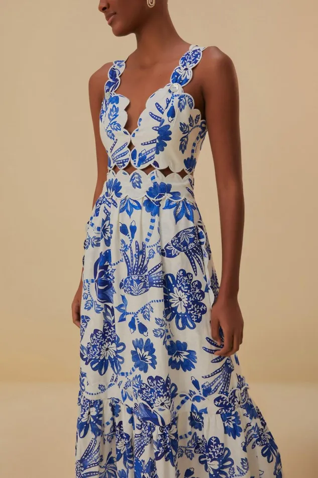 Women OffWhite Flowerful Birds Lenzing Ecovero Euroflax Midi Dress Flowerful Birds Offwhite FARM Rio Midi Dresses