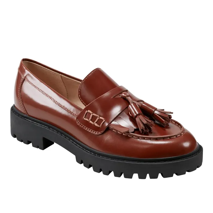 Women Ozzie Tassle Loafer Brown Leather Marc Fisher Loafers and Flats