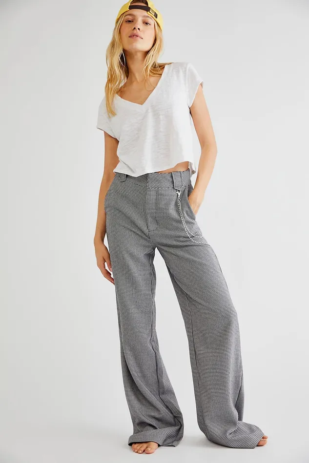 Women Pants Free People ZGY Wide Leg Pants Black White Houndstooth