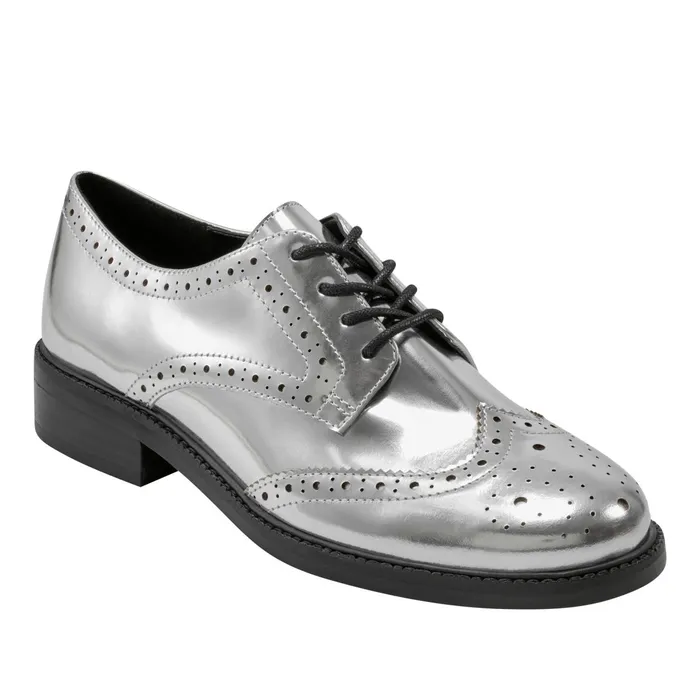 Women Perrie LaceUp Oxford Silver Leather Marc Fisher Loafers and Flats