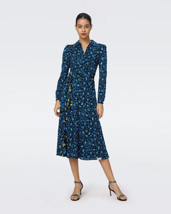 Women Phoenix Reversible Mesh Wrap Dress Hendrix Floral Teal And Fleetwood Folk Blue DVF Dresses
