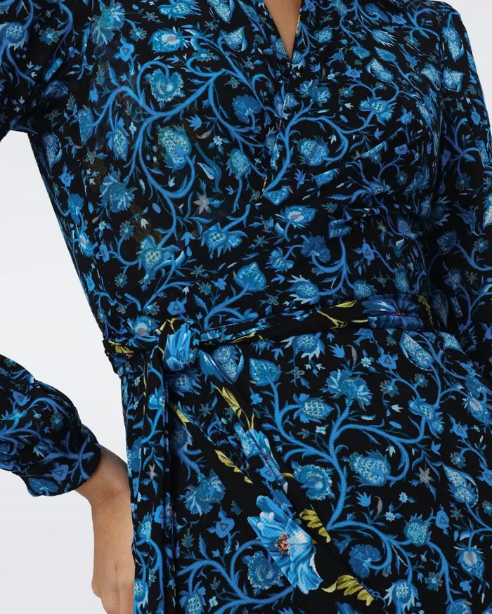 Women Phoenix Reversible Mesh Wrap Dress Hendrix Floral Teal And Fleetwood Folk Blue DVF Dresses
