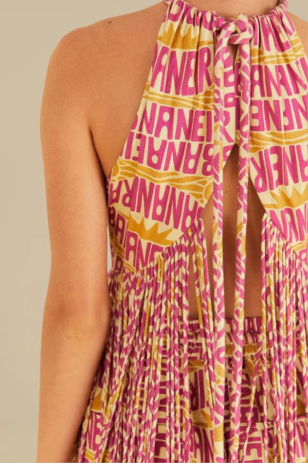 Women Pink Typographic Banana Fringe Top Banana Typographic Pink FARM Rio Crop Tops