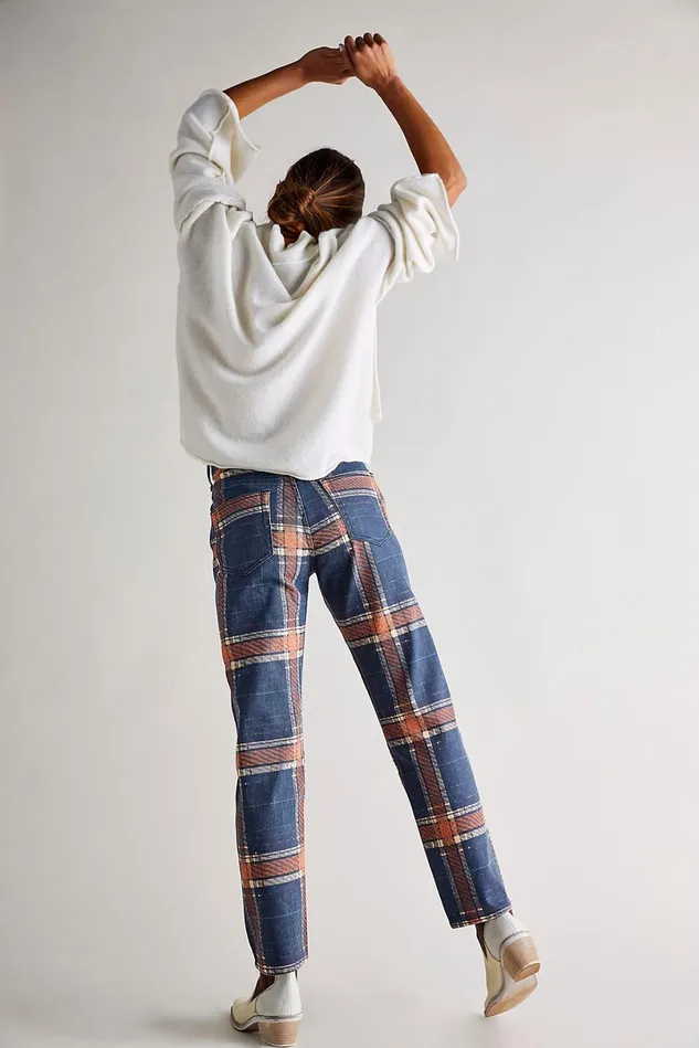 Women Printed Jeans Free People Baker Plaid Boyfriend Jeans Tokyo Blue Plaid