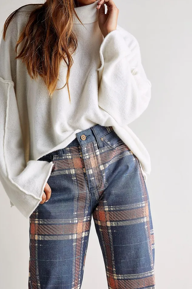Women Printed Jeans Free People Baker Plaid Boyfriend Jeans Tokyo Blue Plaid