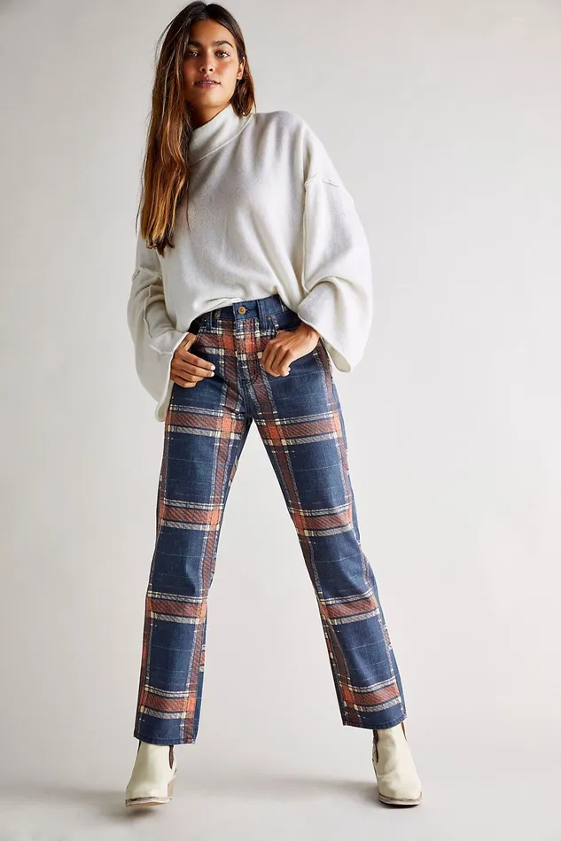 Women Printed Jeans Free People Baker Plaid Boyfriend Jeans Tokyo Blue Plaid