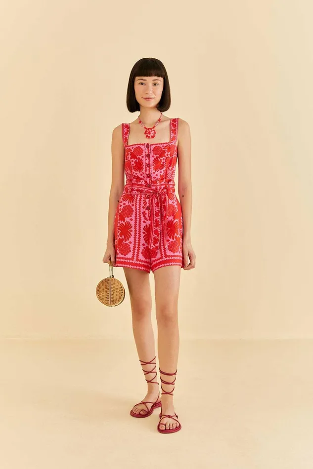 Women Red Jungle Scarf Romper Jungle Scarf Red FARM Rio Rompers