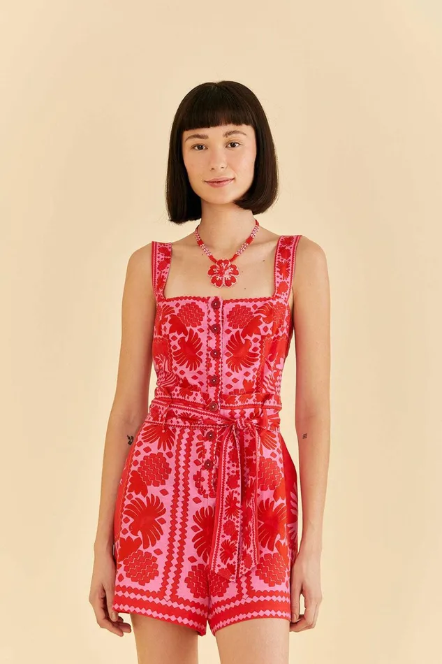 Women Red Jungle Scarf Romper Jungle Scarf Red FARM Rio Rompers