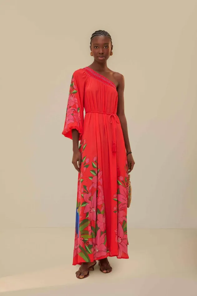 Women Red Summer Foliage Scarf Maxi Dress Summer Foliage Scarf Red FARM Rio Maxi Dresses
