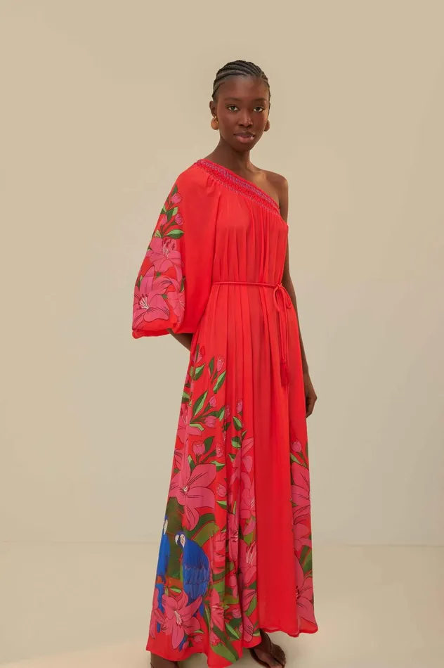 Women Red Summer Foliage Scarf Maxi Dress Summer Foliage Scarf Red FARM Rio Maxi Dresses