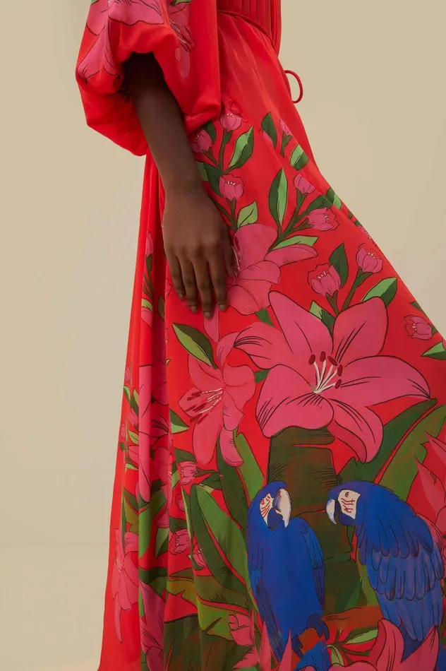 Women Red Summer Foliage Scarf Maxi Dress Summer Foliage Scarf Red FARM Rio Maxi Dresses