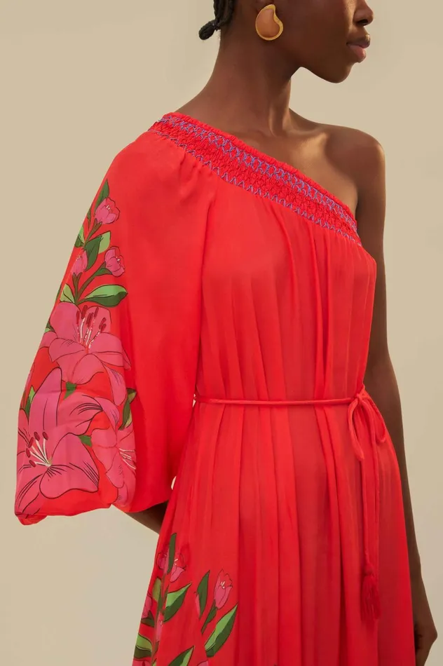 Women Red Summer Foliage Scarf Maxi Dress Summer Foliage Scarf Red FARM Rio Maxi Dresses
