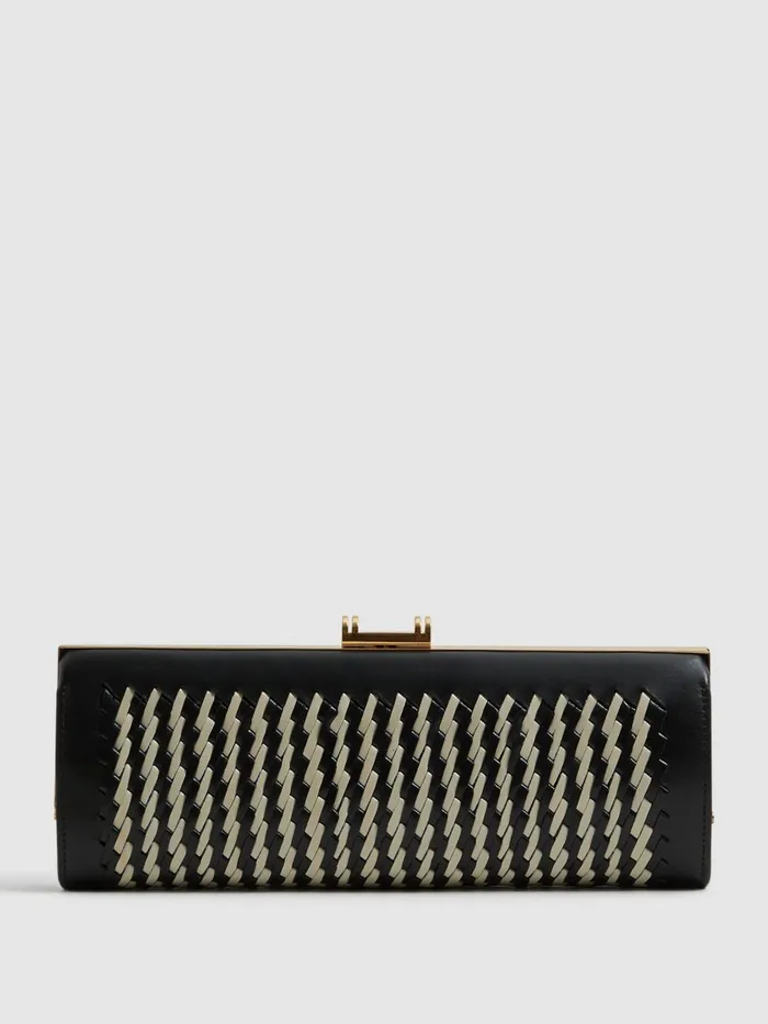 Women Reiss Bags Grecia Leather Woven Clutch Bag Blackwhite