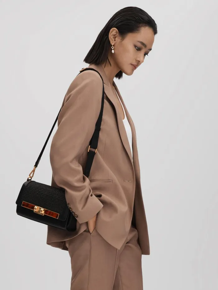 Women Reiss Bags Ivy Leather Raffia Baguette Bag Black