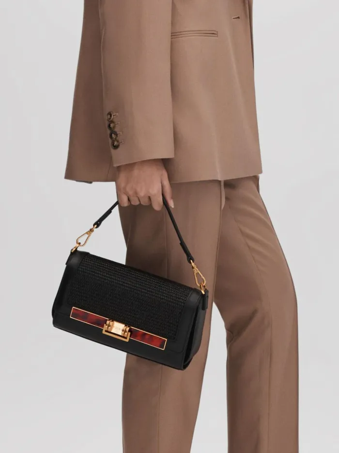 Women Reiss Bags Ivy Leather Raffia Baguette Bag Black