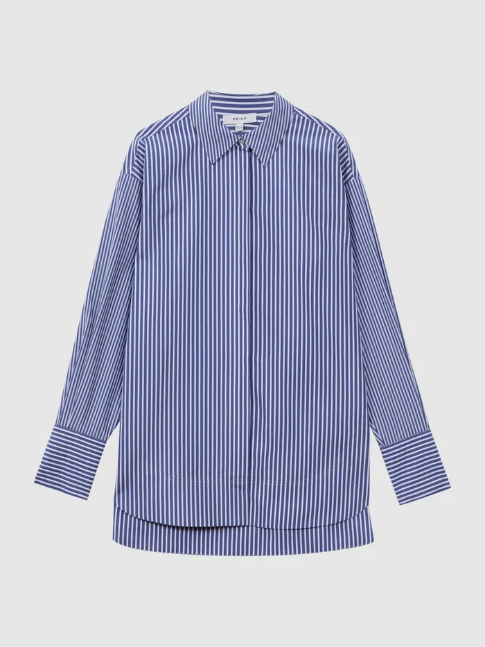 Women Reiss Blouses and Shirts Danica Oversized Cotton Side Stripe Shirt Bluewhite