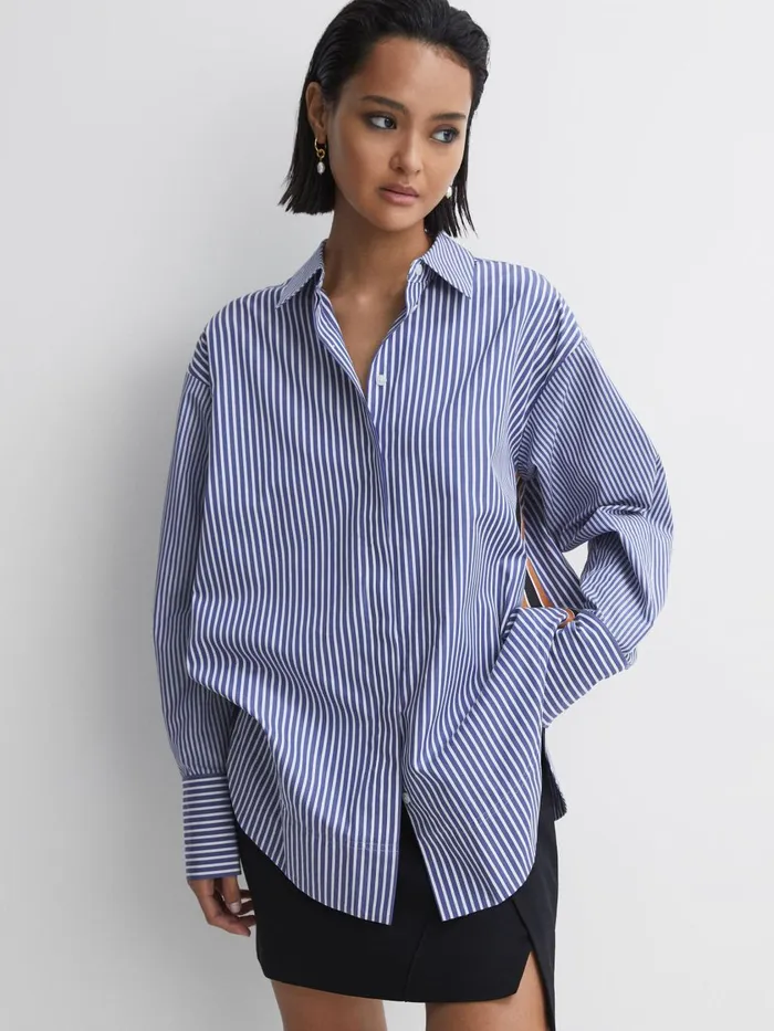 Women Reiss Blouses and Shirts Danica Oversized Cotton Side Stripe Shirt Bluewhite