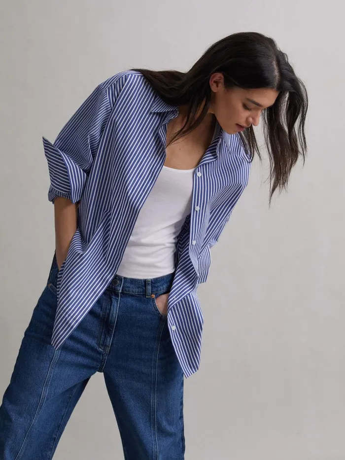 Women Reiss Blouses and Shirts Danica Oversized Cotton Side Stripe Shirt Bluewhite