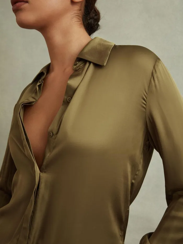 Women Reiss Blouses and Shirts Jasmine Fitted Layered Cuff Shirt Khaki