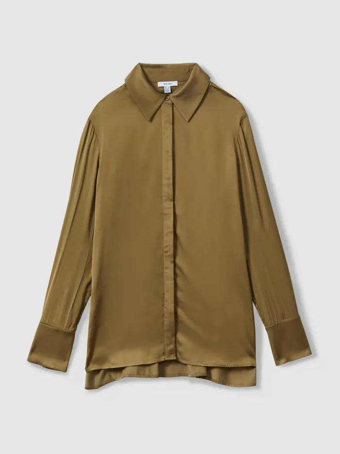 Women Reiss Blouses and Shirts Jasmine Fitted Layered Cuff Shirt Khaki
