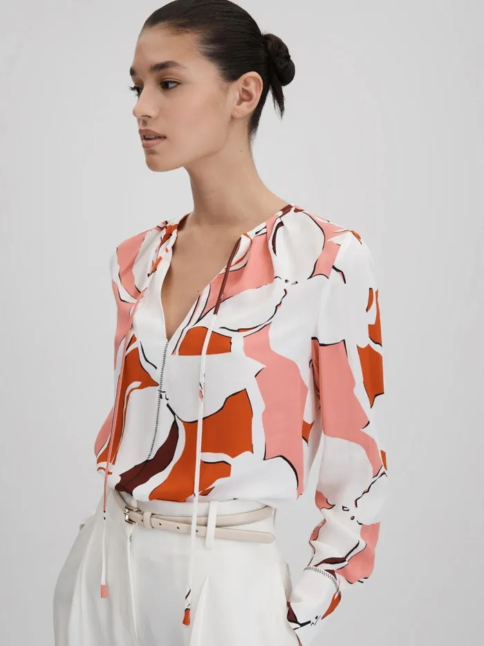 Women Reiss Blouses and Shirts Tess Printed Tie Neck Blouse Creamred