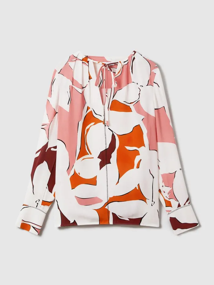 Women Reiss Blouses and Shirts Tess Printed Tie Neck Blouse Creamred