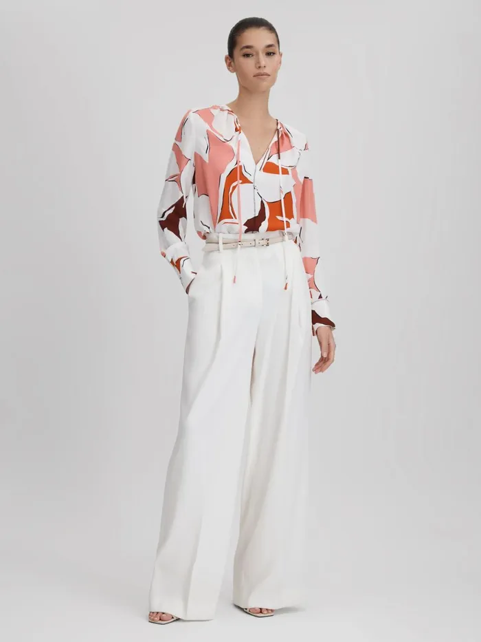 Women Reiss Blouses and Shirts Tess Printed Tie Neck Blouse Creamred