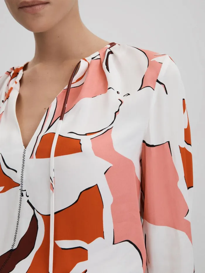 Women Reiss Blouses and Shirts Tess Printed Tie Neck Blouse Creamred