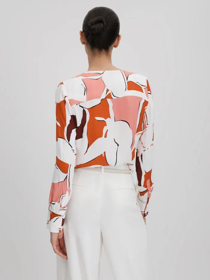 Women Reiss Blouses and Shirts Tess Printed Tie Neck Blouse Creamred