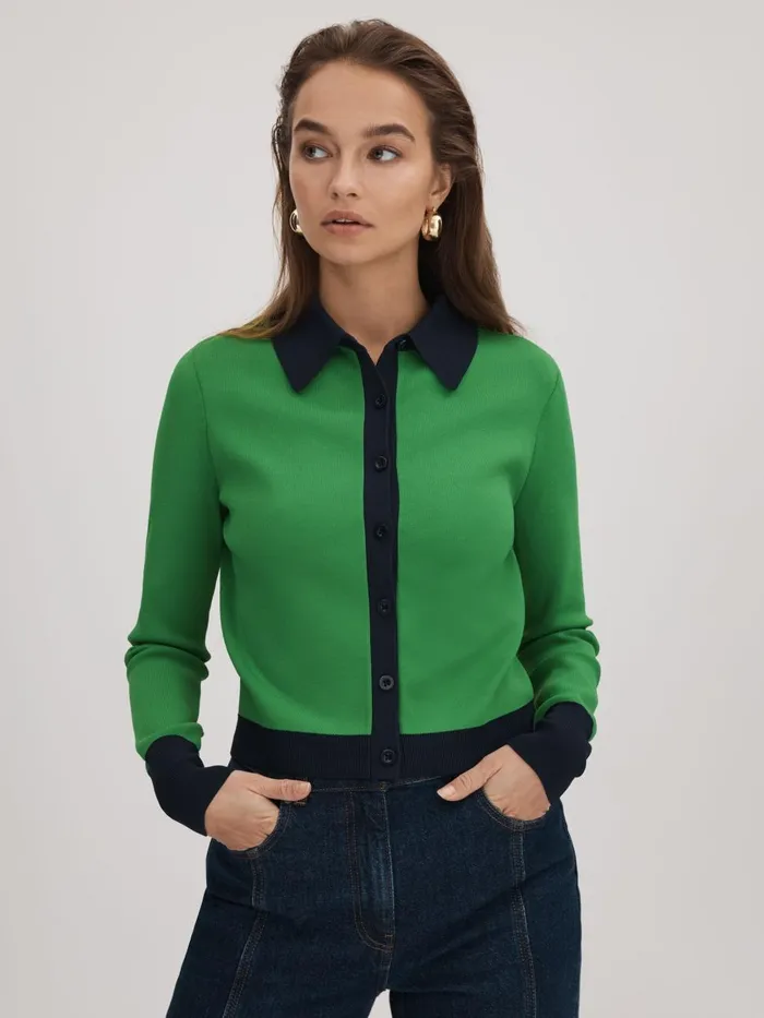 Women Reiss Brands Fitted Contrast Trim Cardigan Bright Green