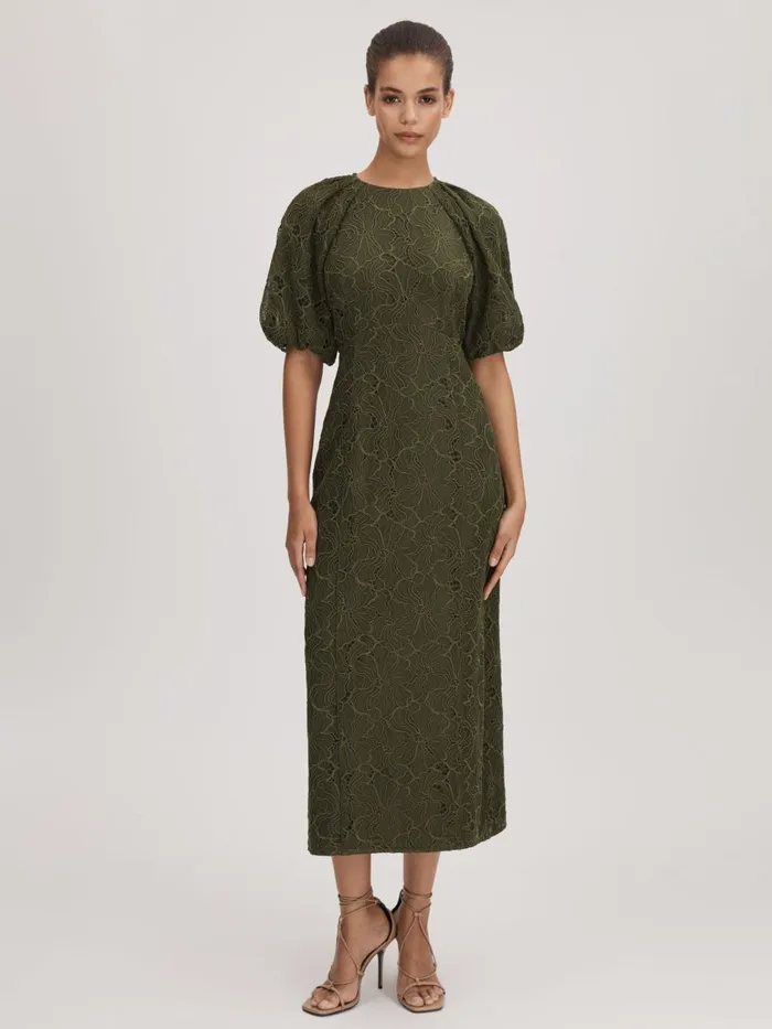 Women Reiss Brands Lace Puff Sleeve Midi Dress Dark Khaki