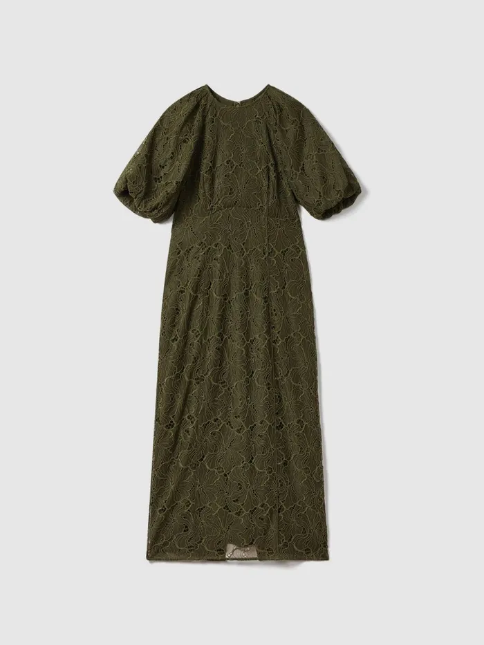 Women Reiss Brands Lace Puff Sleeve Midi Dress Dark Khaki