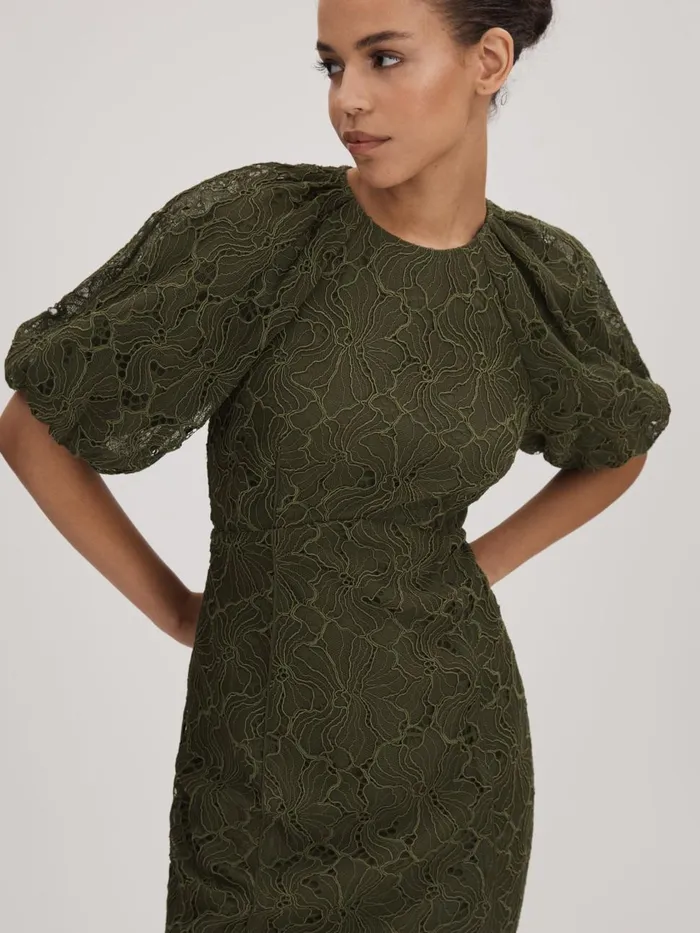 Women Reiss Brands Lace Puff Sleeve Midi Dress Dark Khaki