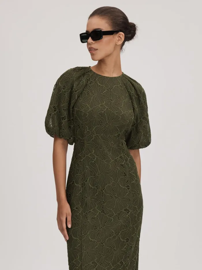 Women Reiss Brands Lace Puff Sleeve Midi Dress Dark Khaki